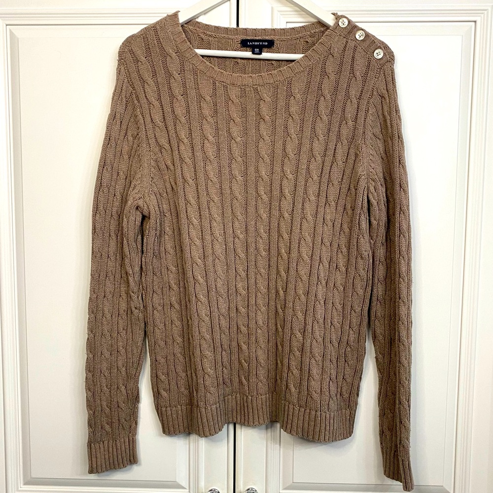 Lands’ End Women’s Size 14W Brown Cable Knit Crew Neck Sweater Button Detail